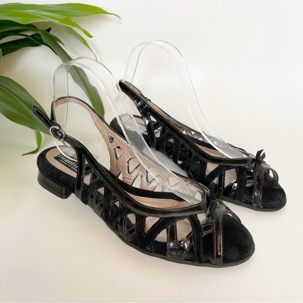 Beautifeel Black Leather Lasercut Peep Toe Slingback Bow Low Heels 39/8